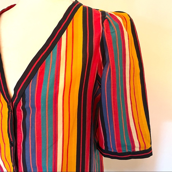 Miss O D by Oscar de la Renta cotton striped puff sleeve button down v neck - Picture 2 of 10